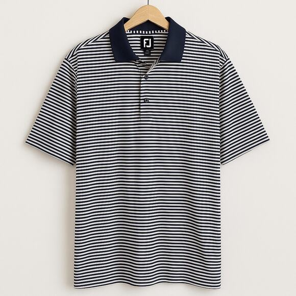 FootJoy Striped Golf Polo XL Navy White 1757 Golf Club FJ Logo - Picture 1 of 9